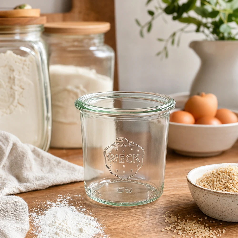 Frasco de vidro WECK RR60 de 140 ml com logótipo sobre uma mesa de madeira numa cozinha moderna com frascos de arrumação e ingredientes