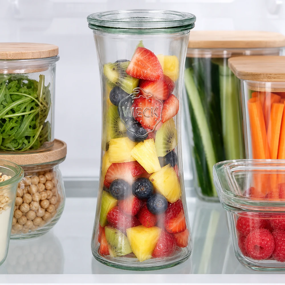 Frasco para charcutaria de 700ml com tampa de vidro WECK RR80 WECK Delikatessenglas 700ml RR80 mit buntem Obstsalat im Kühlschrank - perfekte Vorratshaltung für frische Früchte