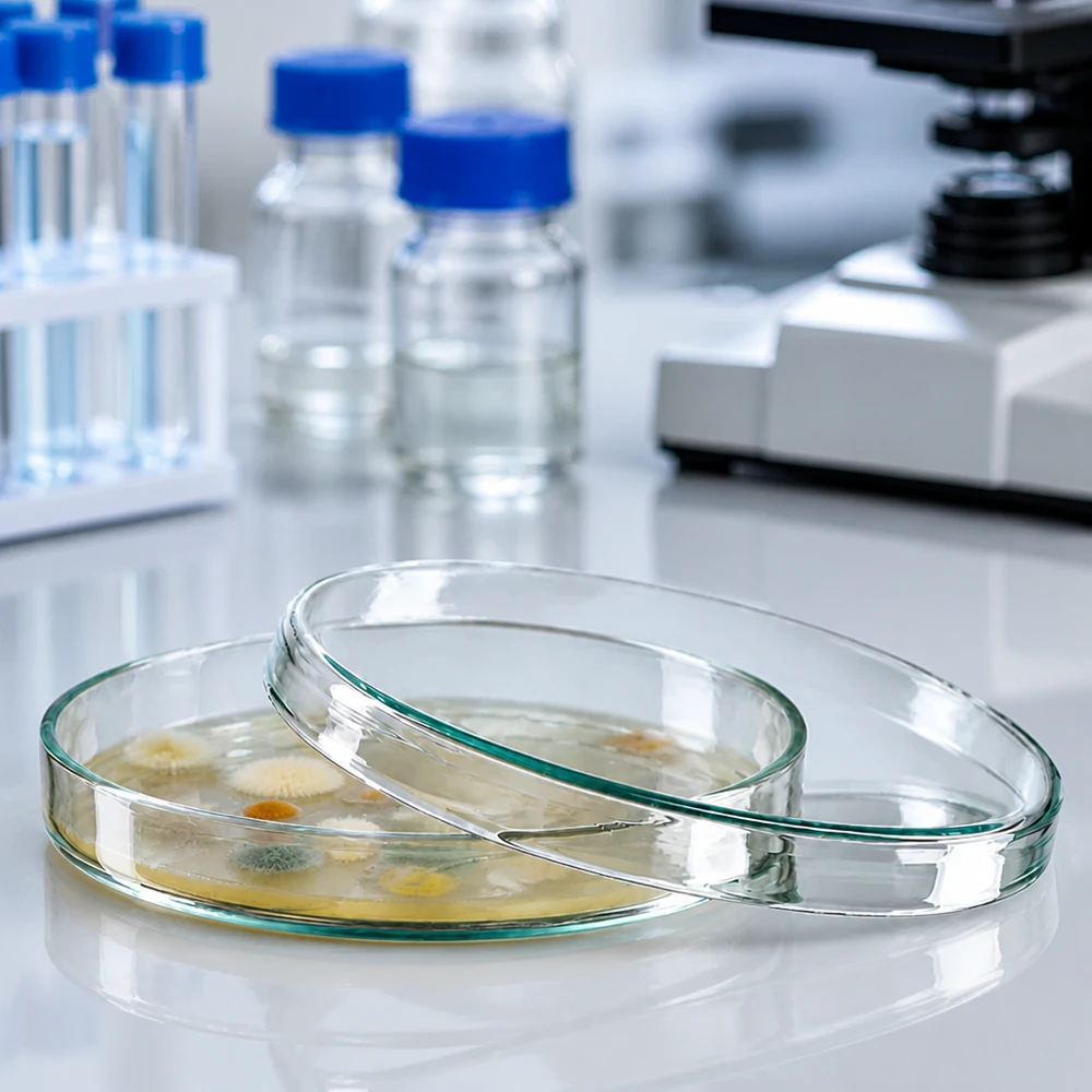 Placas de Petri de vidro de 100 x 15 mm com culturas bacterianas no laboratório de microbiologia