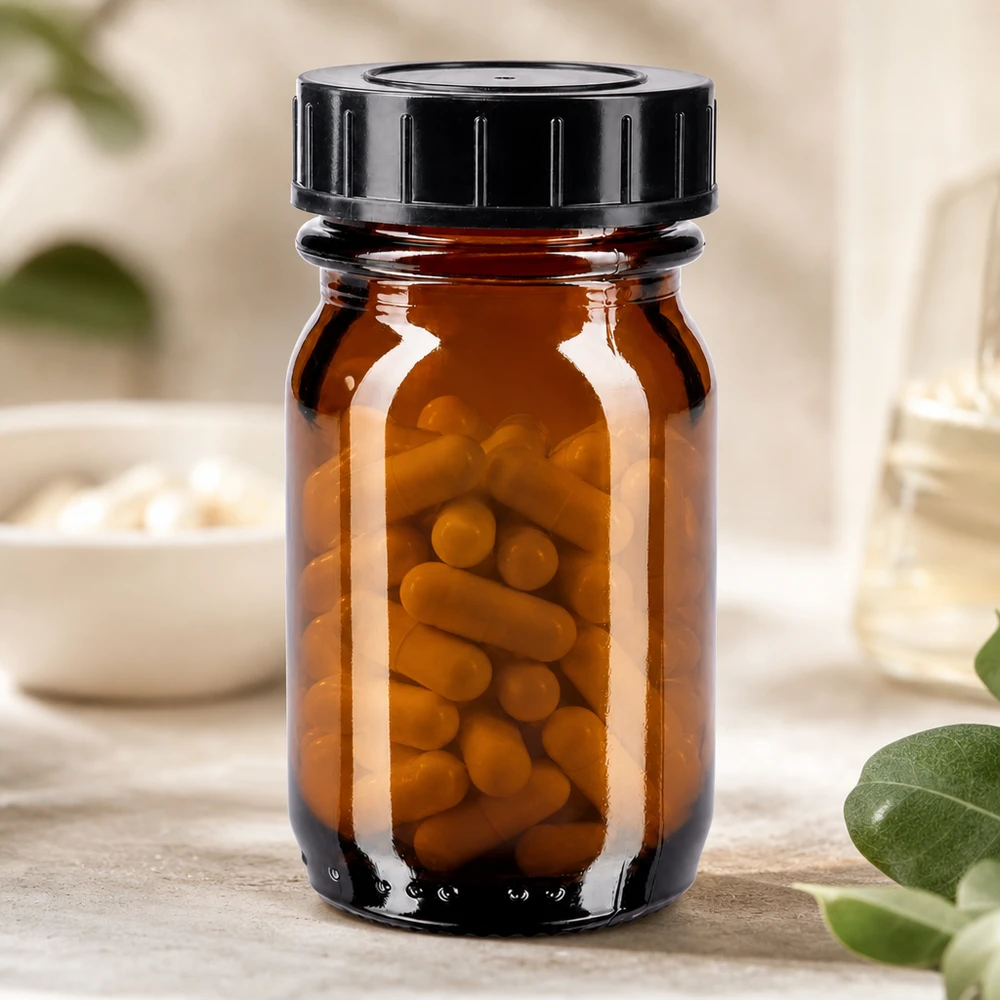 30ml Weithalsflasche Braunglas mit Schraubdeckel Pequeno frasco de vidro âmbar de 30 ml com abertura larga, ideal para comprimidos e suplementos
