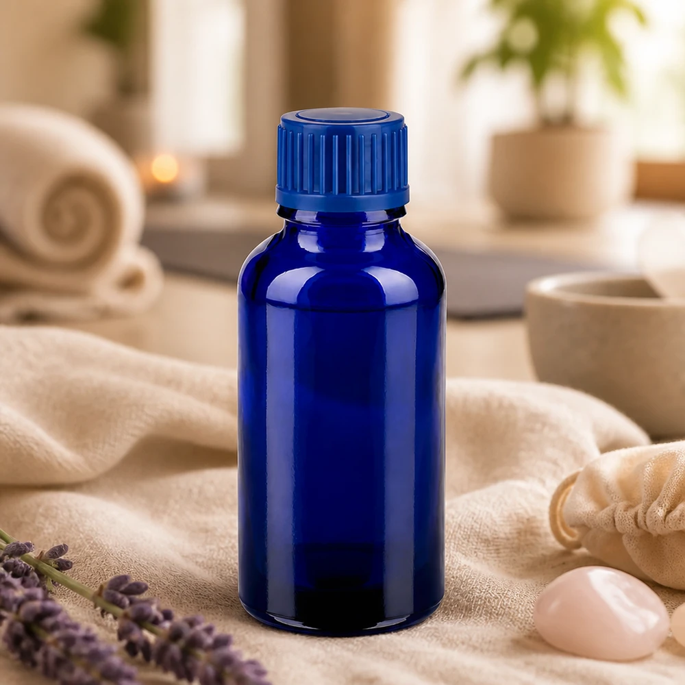Frasco de vidro de 30 ml de alta qualidade em azul intenso para armazenamento profissional de essências