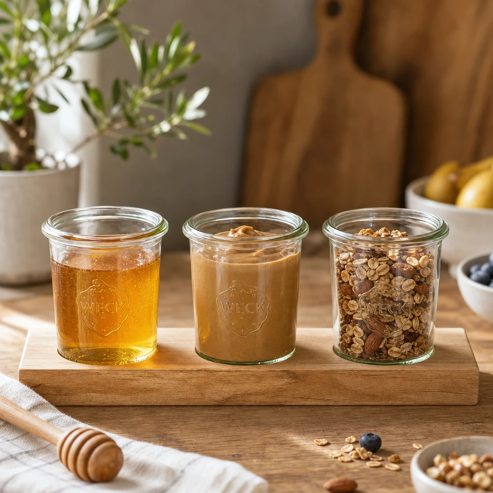 Tábua de servir Plano3 com 3 copos Weck de 160 ml Tábua de servir em madeira com frascos Weck de 160 ml cheios de manteiga de nozes com mel e muesli numa cozinha moderna