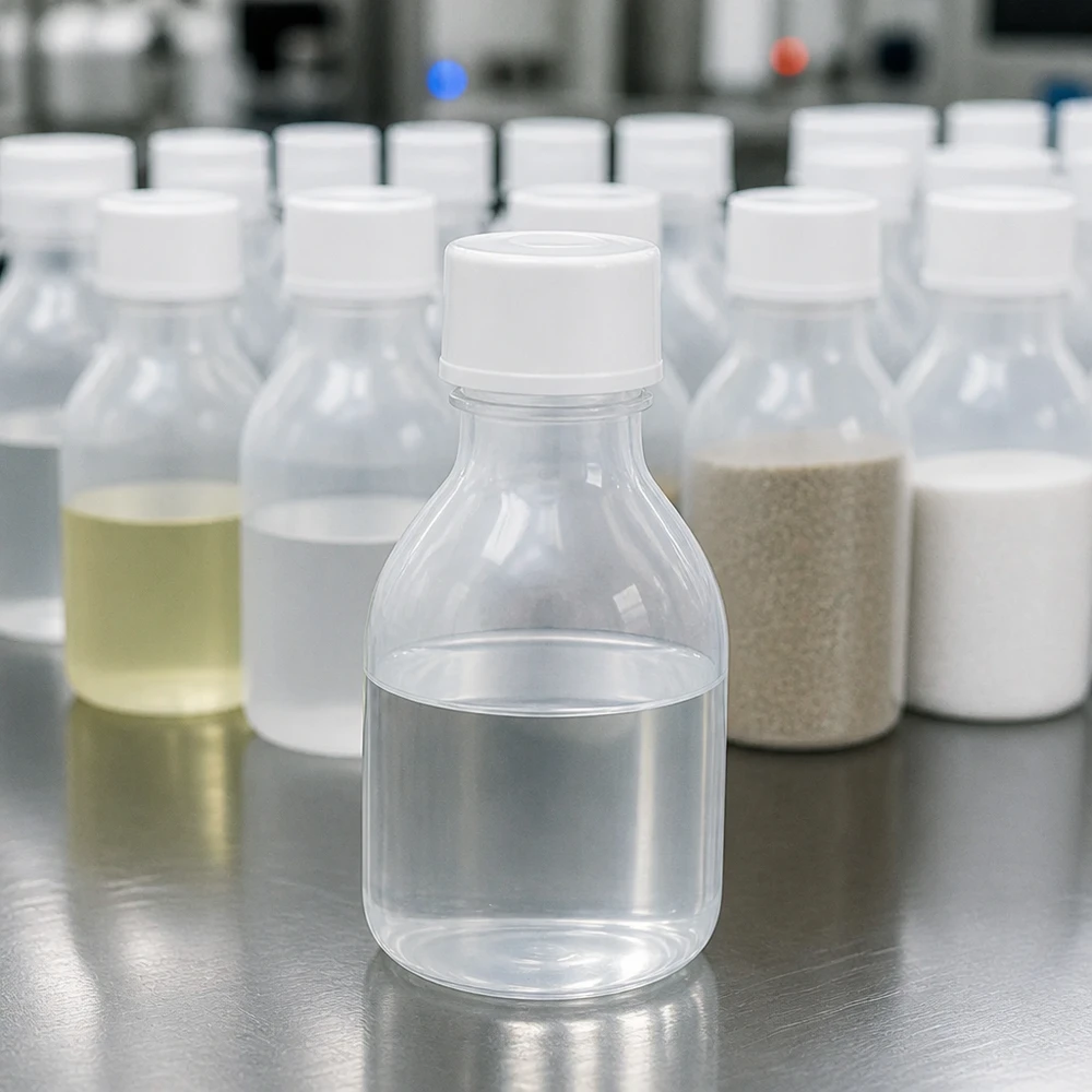 Vários frascos de PE com gargalo estreito e tampa de rosca de 20 ml, contendo um líquido transparente sobre uma superfície de aço inoxidável