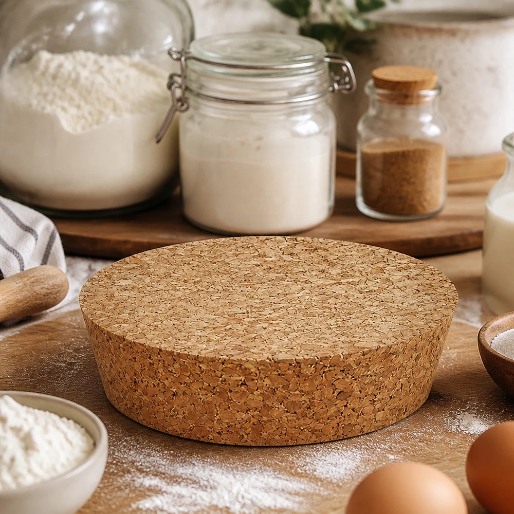 Rolha de cortiça WECK RR80 rolha de cortiça natural redonda na bancada de cozedura com farinha ovos ingredientes de cozedura decoração de cozinha rústica natural