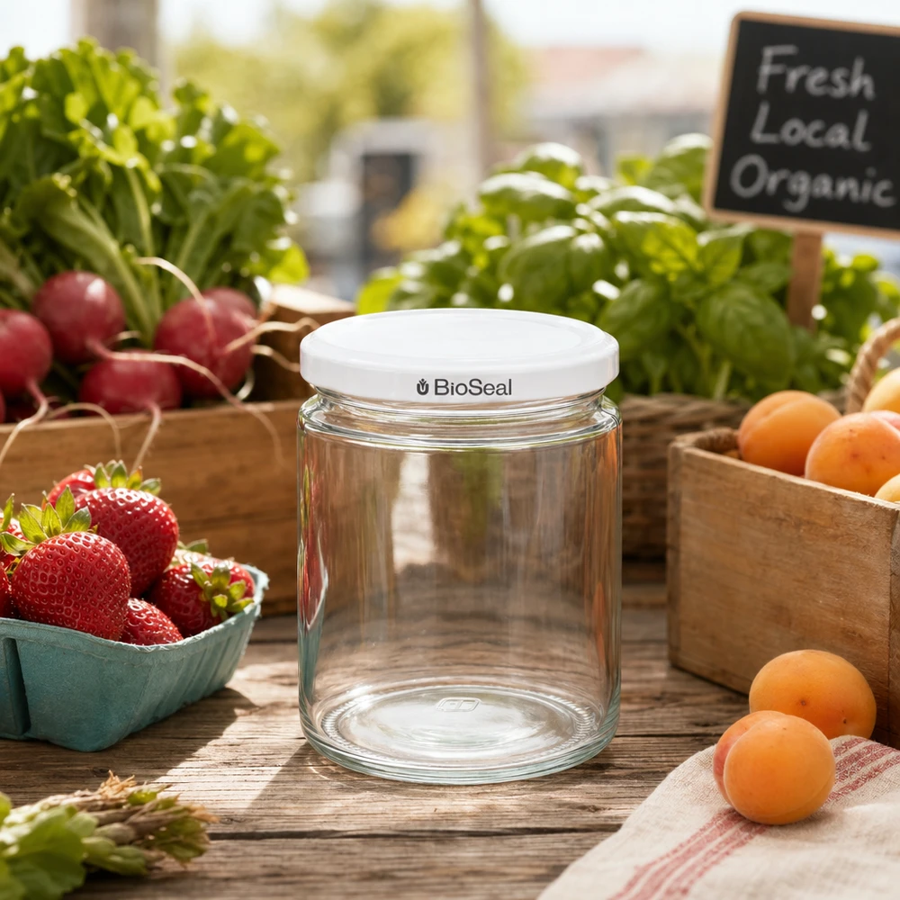 350g Honigglas + BioSeal Deckel weiß UNiTWIST Frasco de mel de 250 ml BioSeal UNiTWIST vazio em cima de uma mesa de madeira com fruta fresca e legumes do mercado dos agricultores Frasco de conservação Frasco de armazenamento