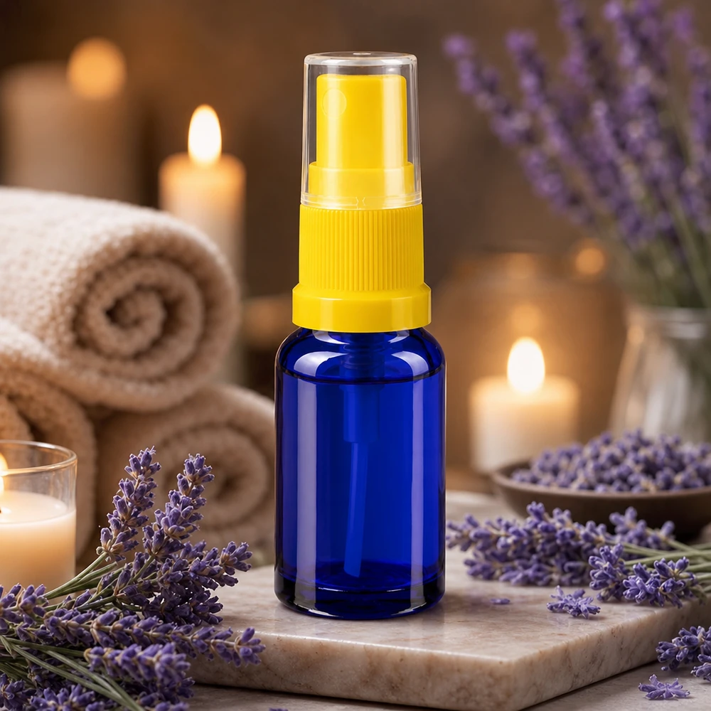 Frasco de farmácia azul de 10 ml com pulverizador amarelo, entre flores de lavanda e velas