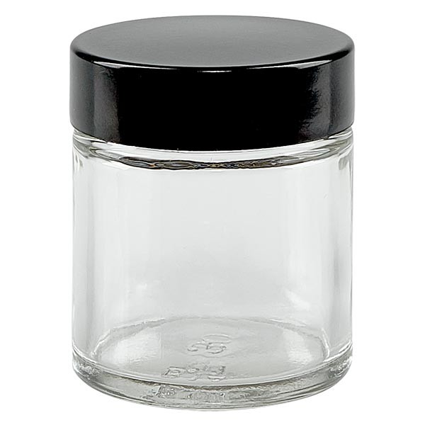Frasco de vidro de 30ml. transparente, com tampa de baquelite preta ApoGlas Frasco de vidro de 30ml. transparente, com tampa de baquelite preta ApoGlas