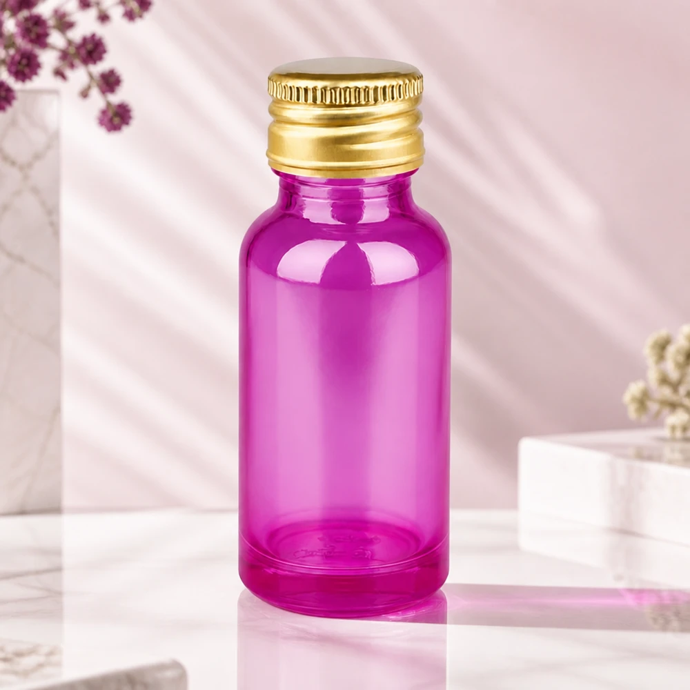 Frasco compacto de vidro violeta de 20 ml com rosca padrão de 11 mm e tampa dourada para utilização móvel