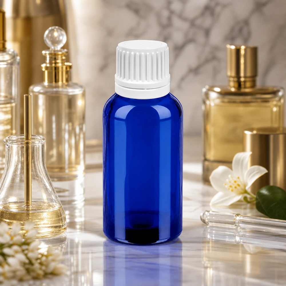 Frasco conta-gotas de 30 ml com tampa inviolável branca de 0,7 mm BlueLine UT18/30 Frasco conta-gotas de 30 ml de alta qualidade em vidro azul com tampa UT18 branca para produtos cosméticos