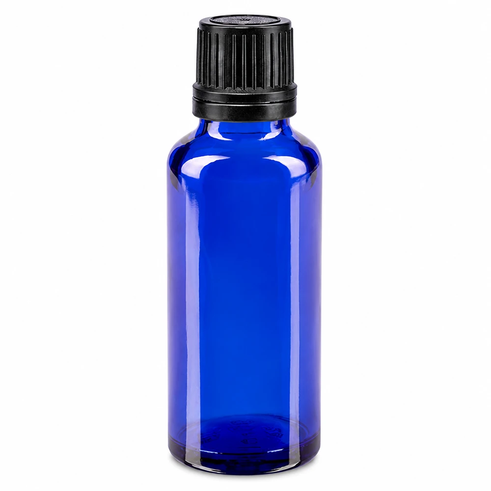 Frasco de vidro azul de 30 ml com tampa OV preta de 8 mm para farmácias e laboratórios
