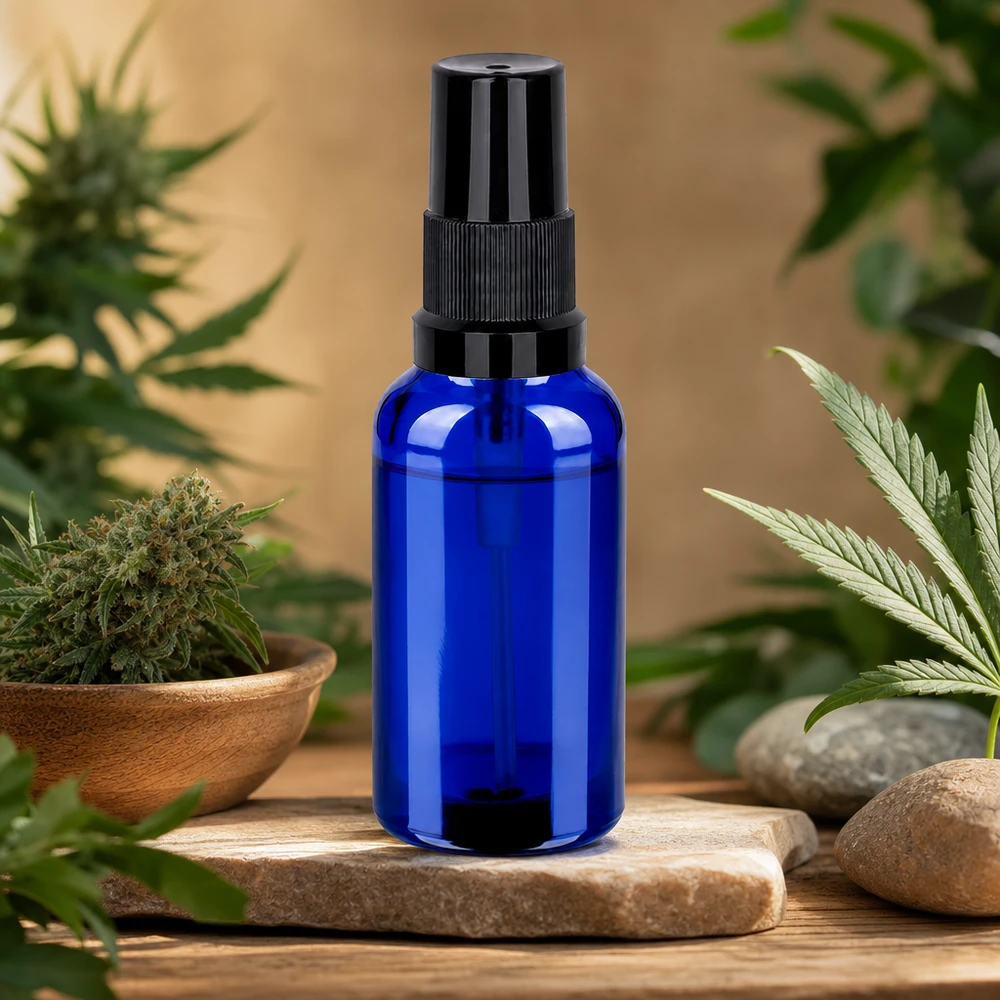 Frasco spray preto de 30ml com tampa standard BlueLine UT18/30 Frasco de spray compacto de 30 ml em vidro azul com cabeça de spray preta ergonómica