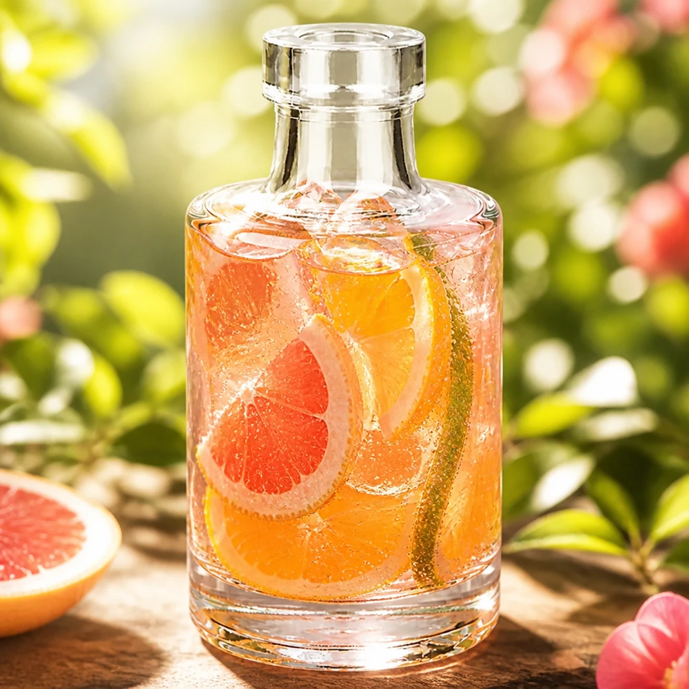 100ml Glasflasche "Marie" ohne Verschluss UNiTWIST Garrafa de vidro de 100 ml de Marie com bebida de toranja e cubos de gelo num cenário de jardim natural com fruta