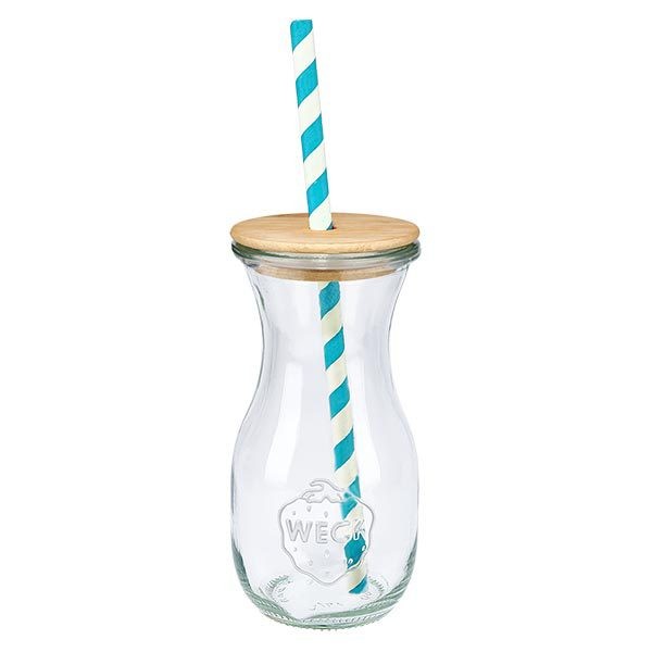 6 x garrafa de sumo WECK 290ml RR60 com tampa de madeira e 100 eco S Garrafa de vidro WECK 290 ml com tampa de bambu e palhinha de papel branco-turquesa Vista única Garrafa