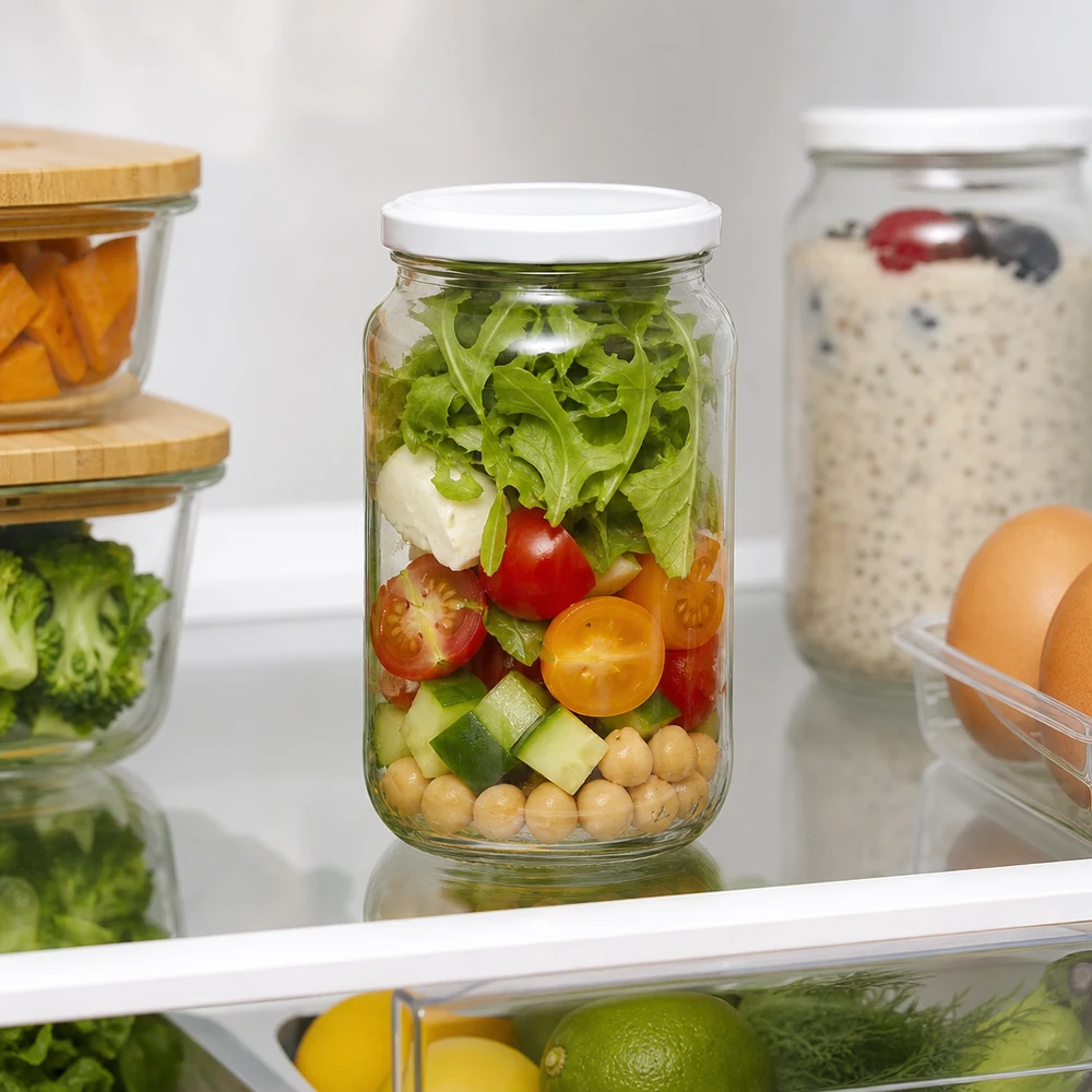 Frasco redondo de 1062 ml com tampa BasicSeal branca UNiTWIST Frasco redondo de 1062 ml com tampa BasicSeal para salada no frigorífico Recipiente para preparação de refeições armazenamento de alimentos frescos