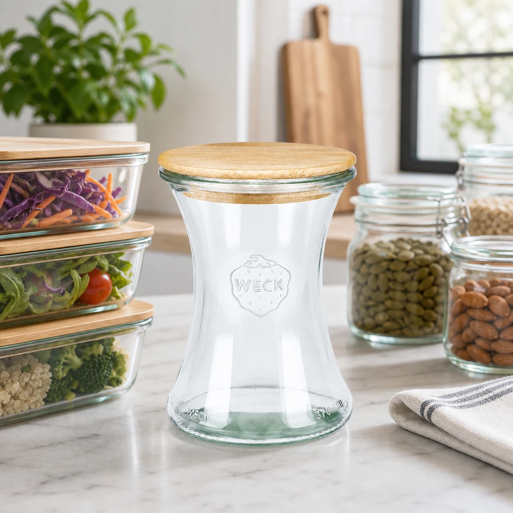 Frasco de charcutaria WECK 370ml RR80 com tampa de madeira em cozinhas modernas ao lado de frascos de arrumação e recipientes de preparação de refeições