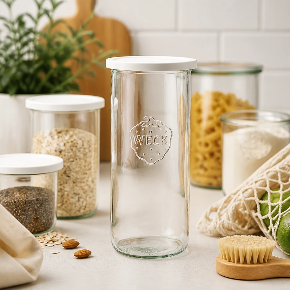 Copos WECK 1500ml RR100 numa cozinha moderna com frascos de arrumação para massas e produtos ecológicos sustentáveis
