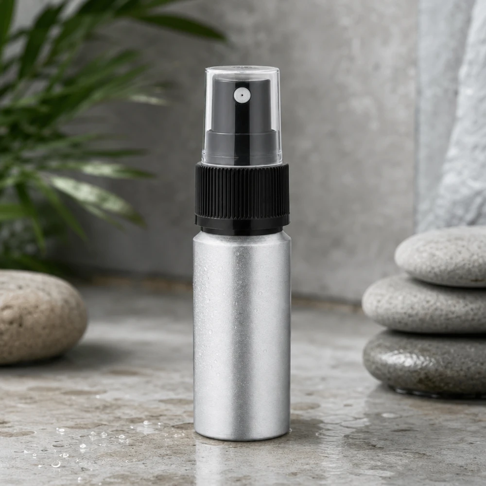 Frasco de alumínio polido de 20ml com atomizador Frasco elegante de alumínio de 20 ml com cabeça de pulverização transparente para uma distribuição precisa de produtos cosméticos