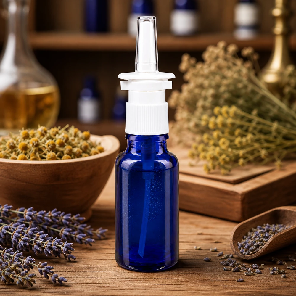 Frasco de farmácia azul 20ml atomizador nasal branco standard Pequeno frasco de spray nasal de 20 ml, em vidro azul de farmácia, com bico dosador branco sobre uma base de madeira