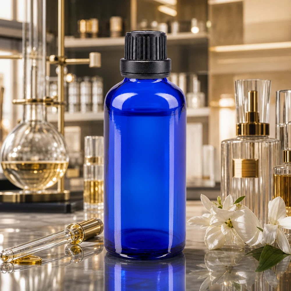 Frasco de farmácia azul 50ml tampa de rosca preta fecho inviolável Frasco de vidro azul de 50 ml com tampa de segurança para crianças preta no laboratório de perfumes