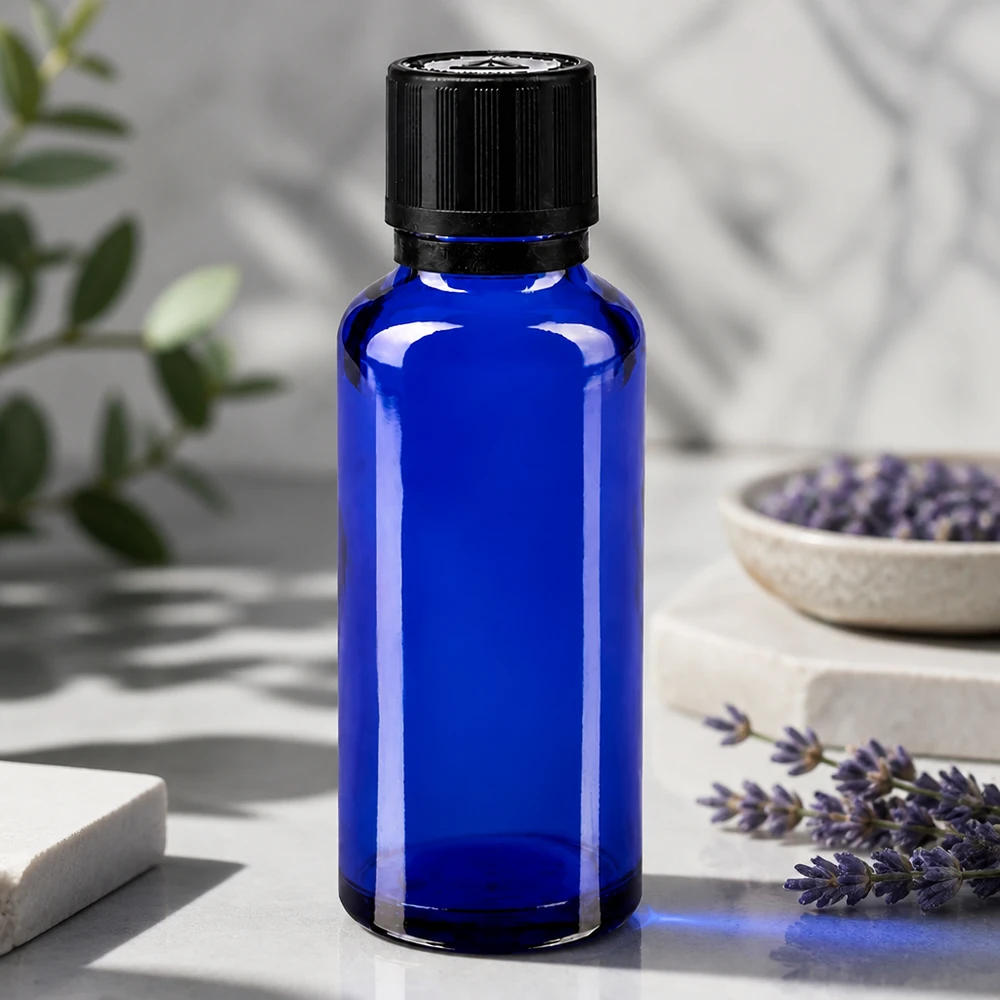 Frasco de farmácia azul 30ml tampa conta-gotas anel de vazamento 1mm preto fecho de segurança para crianças símbolo de aviso cego fecho inviolável Frasco de vidro azul de 30 ml com tampa preta de segurança para crianças, ao lado de ramos frescos de lavanda