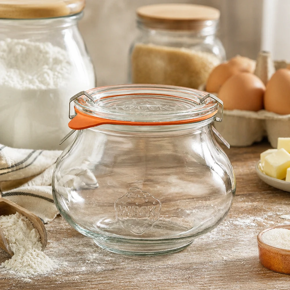 Frasco decorativo WECK 560ml RR80 na cozinha rústica com ingredientes de pastelaria, farinha e ovos, perfeito para a organização da cozinha