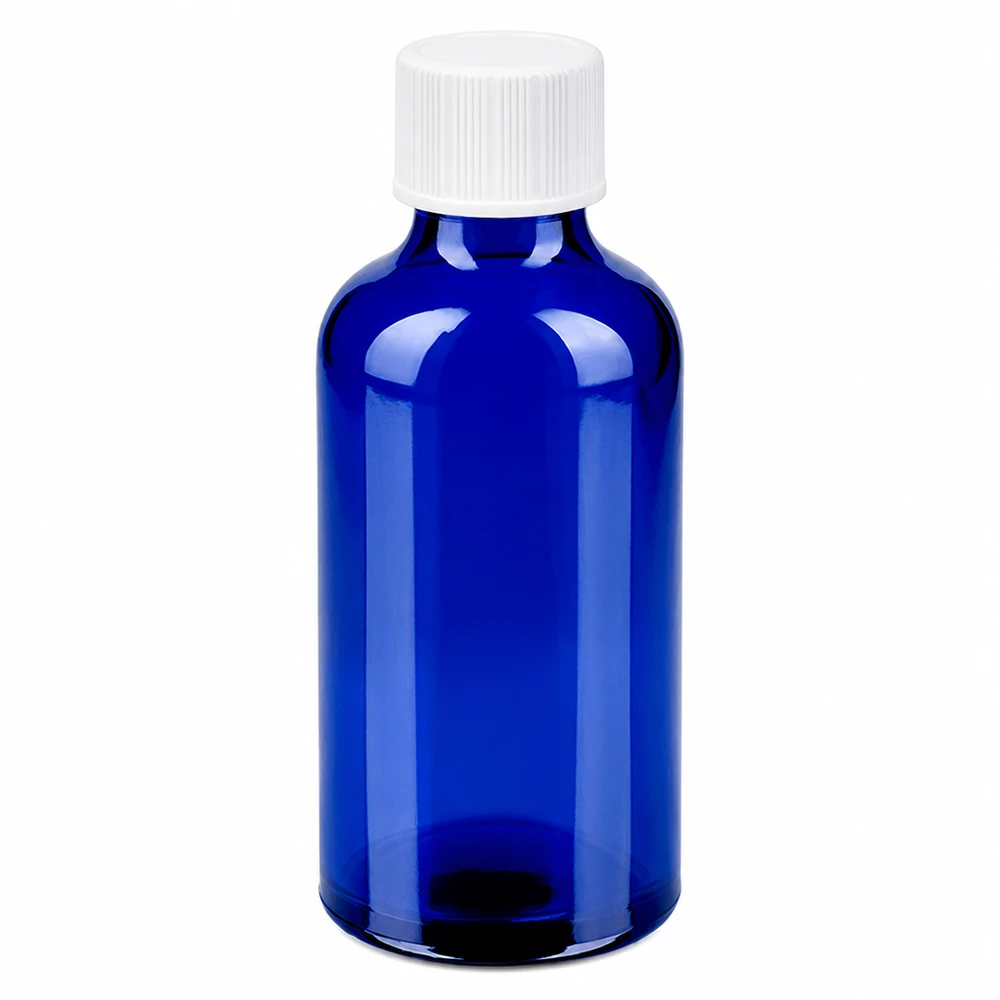 Frasco de vidro azul de 50 ml com tampa de rosca branca 11 mm SV STD BlueLine UT18