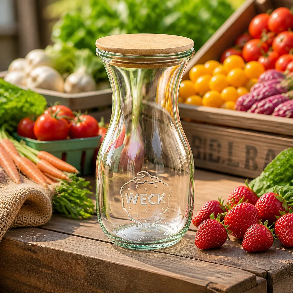 Garrafa de vidro WECK 290ml com rolha de cortiça entre legumes frescos e fruta numa mesa de madeira rústica