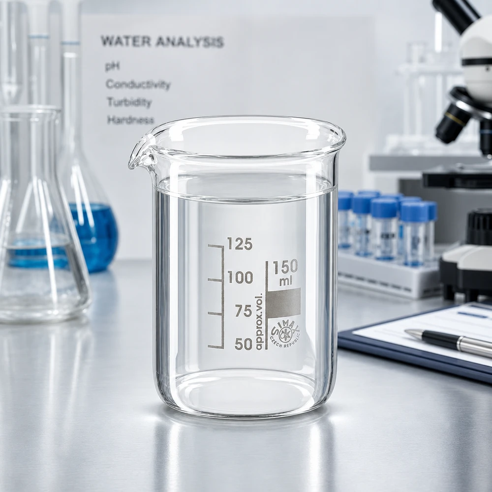 Copo de laboratório transparente de 150 ml em vidro borossilicato robusto com indicador de volume claro