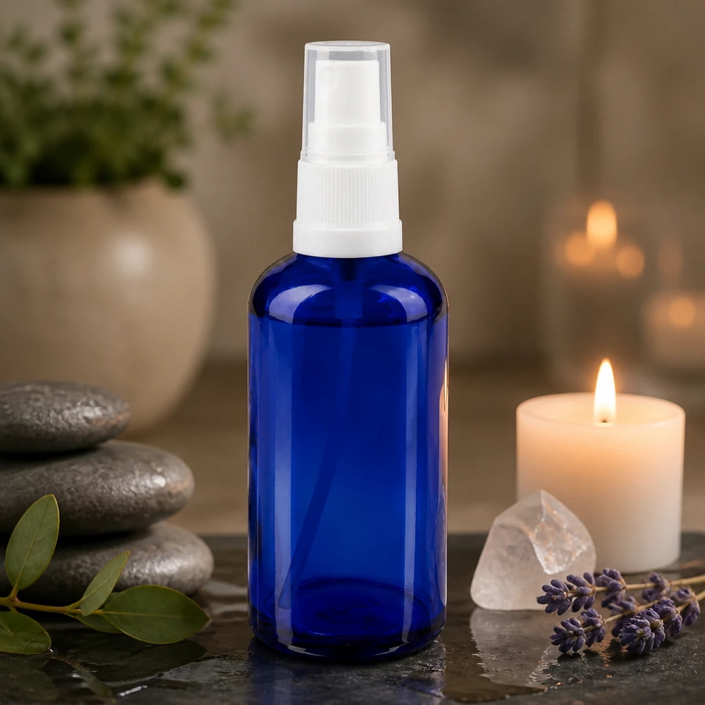 Frasco de vidro de farmácia com pulverizador de 50 ml, em azul cobalto, com velas de lavanda e cristais