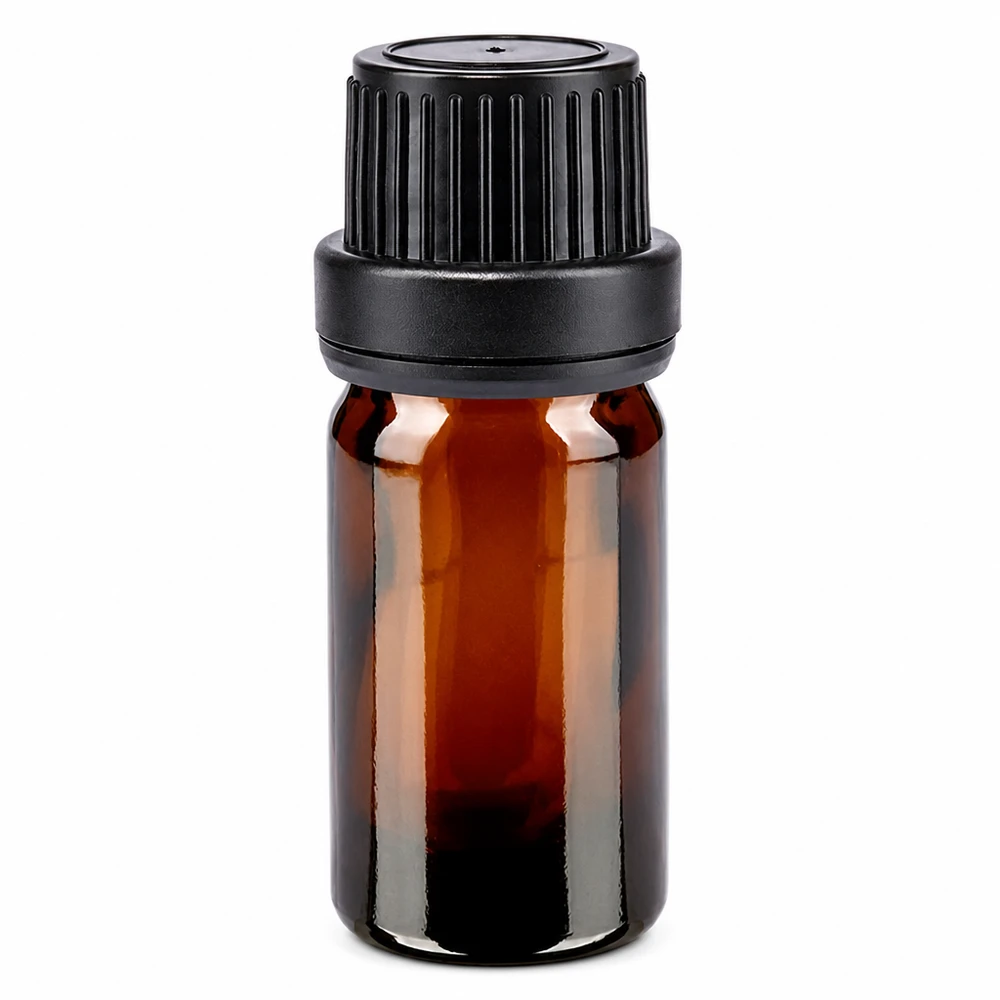 Frasco de farmácia castanho de 5 ml com tampa de segurança preta de 11 mm, em vidro de farmácia