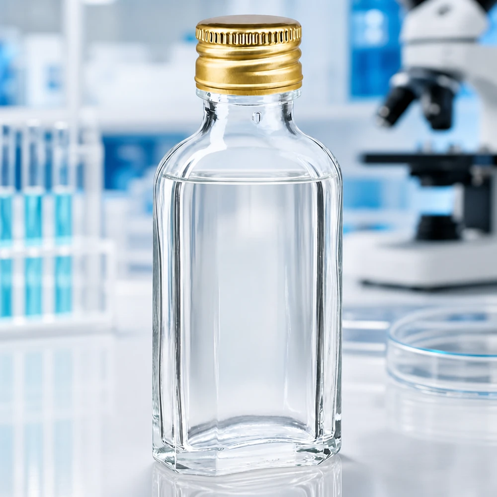 Frasco Meplat transparente de 50 ml com tampa de rosca de alumínio amarelo-dourado PP22 num laboratório científico