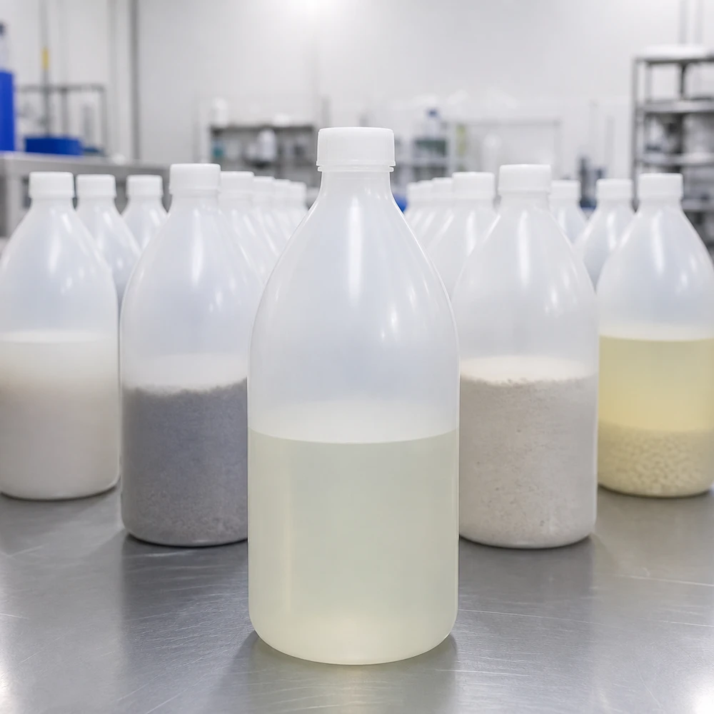 Sortiment befüllter 1000ml Enghals Laborflaschen mit unterschiedlichen Materialproben