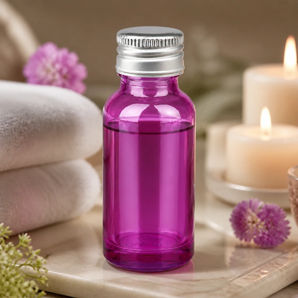 Frasco de 20 ml com tampa de rosca de 11 mm em alumínio-prata padrão PurpleLine.UT18/20 Frasco violeta compacto de 20 ml com tampa de alumínio com ranhuras para uma dosagem precisa das essências