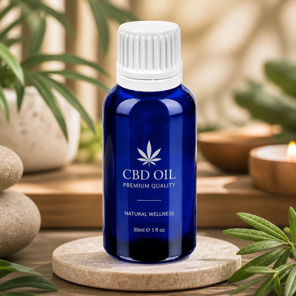 Frasco de vidro de 30 ml com tampa de conta-gotas de 0,7 mm em azul para uma dosagem precisa de óleo CBD