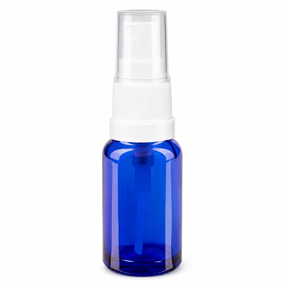 Frasco de spray de vidro azul de 10 ml com pulverizador branco e tampa de proteção transparente para farmácias