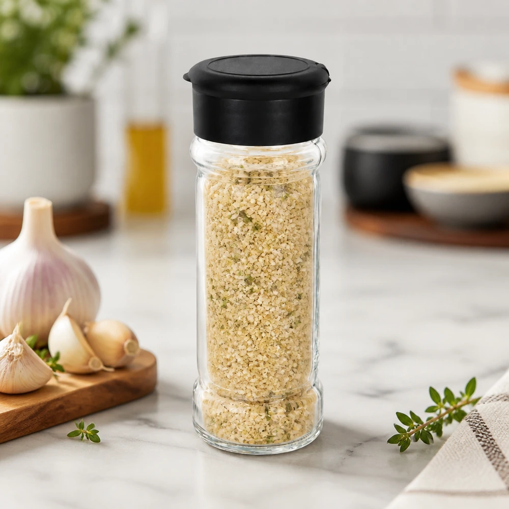 Frasco para especiarias de 100 ml cheio de sal com alho e com um espalhador preto sobre uma base de mármore