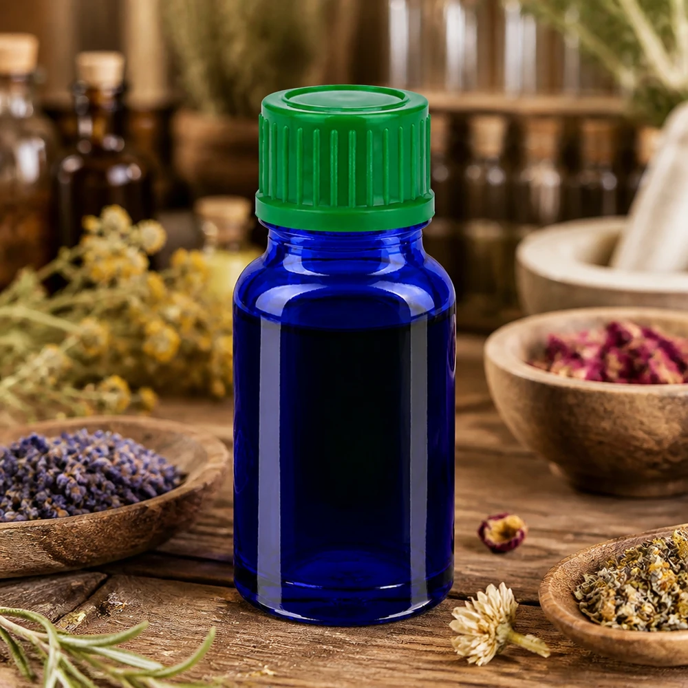 Frasco farmacêutico de 10 ml BlueLine UT18/10 com tampa verde resistente para armazenamento seguro