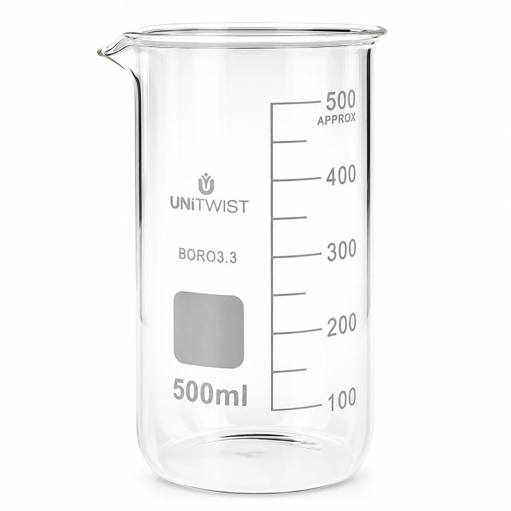 Copo de laboratório de 500 ml, de formato alto, em vidro borossilicato 3.3, com escala em mililitros, da UNITWIST