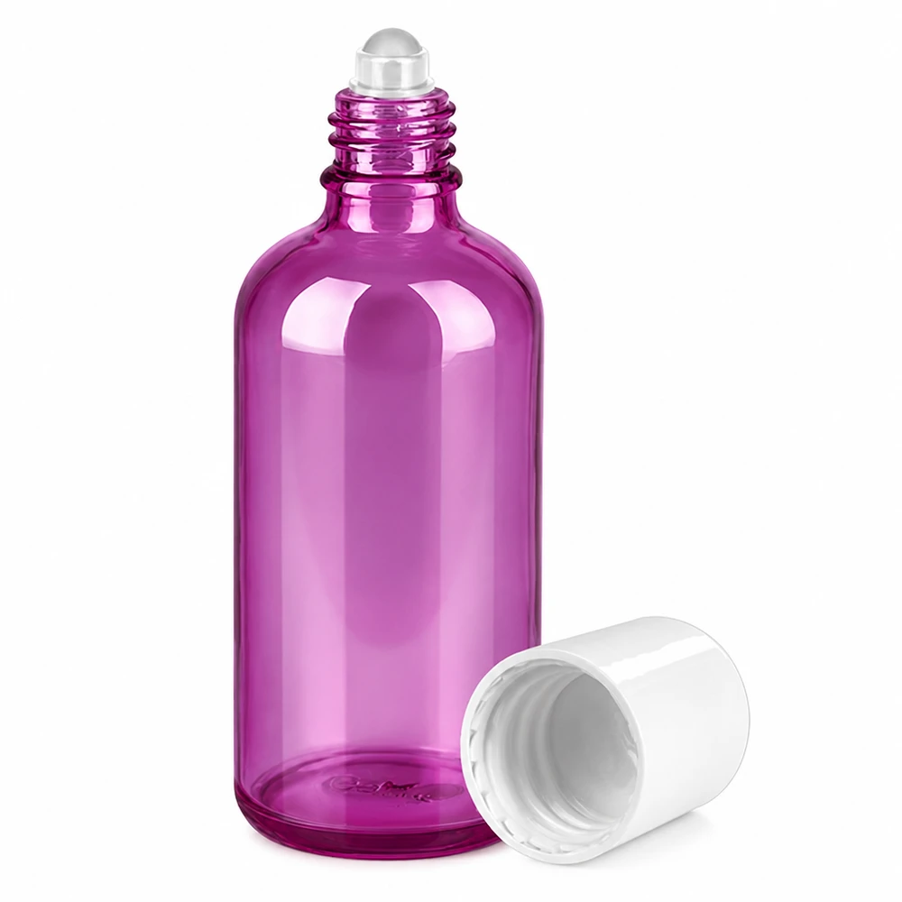 Frasco de vidro roxo de 100 ml com aplicador roll-on para uma aplicação precisa de óleos e soros