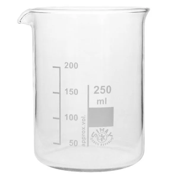 Copo 250ml de vidro borossilicato, forma baixa Copo de 250 ml em vidro borossilicato de alta qualidade com bico e balança para o laboratório e a cozinha