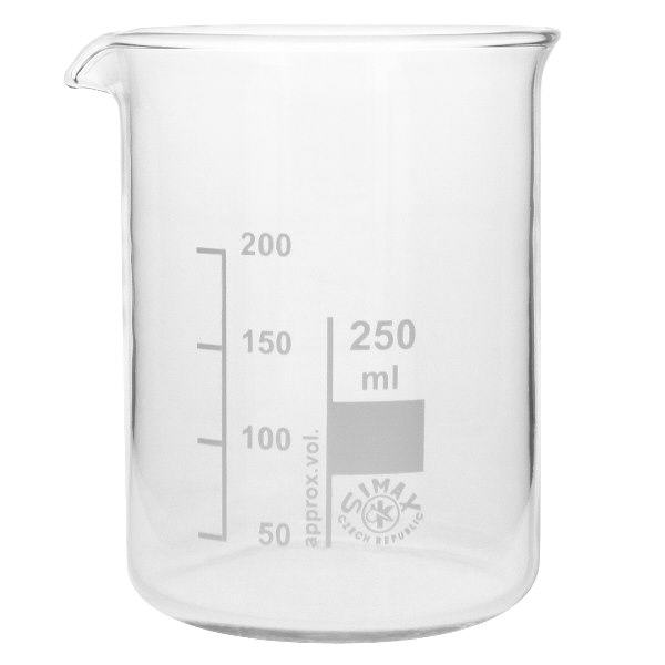 Copo 250ml de vidro borossilicato, forma baixa Copo de 250 ml em vidro borossilicato de alta qualidade com bico e balança para o laboratório e a cozinha