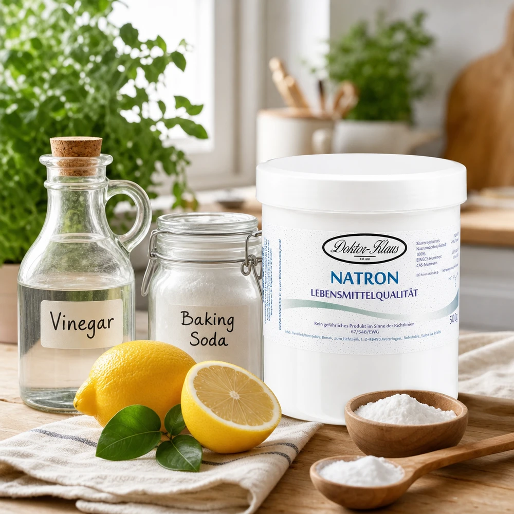 Natron Doctor Klaus 500g com vinagre de limão e bicarbonato de sódio para uma limpeza doméstica natural