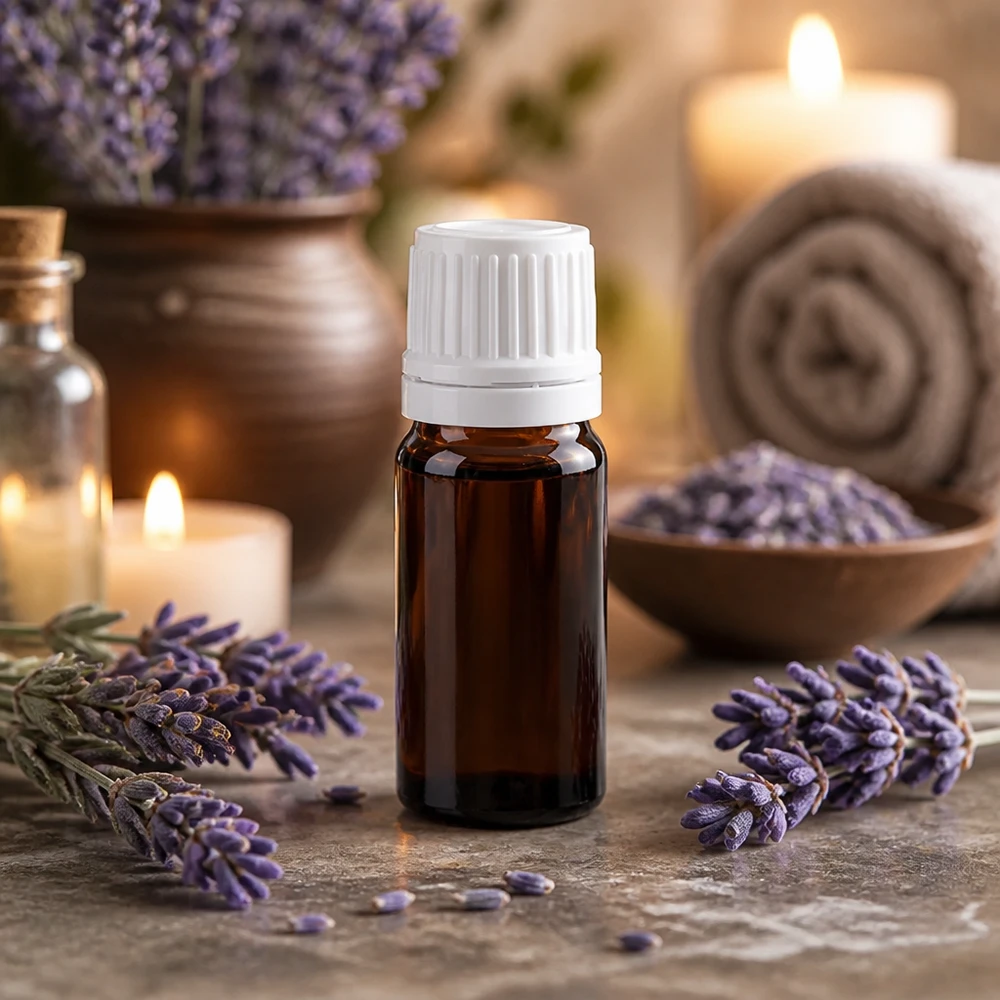 Frasco conta-gotas de vidro âmbar de 5 ml com tampa branca à prova de crianças para óleo de lavanda