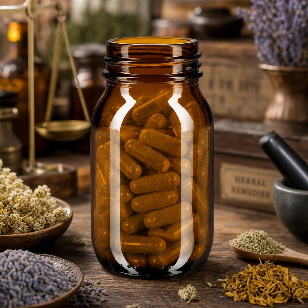 Garrafa de 100ml com gargalo largo em vidro âmbar Frasco de vidro âmbar de 100 ml com função de gargalo largo, ideal para suplementos alimentares e ervas aromáticas