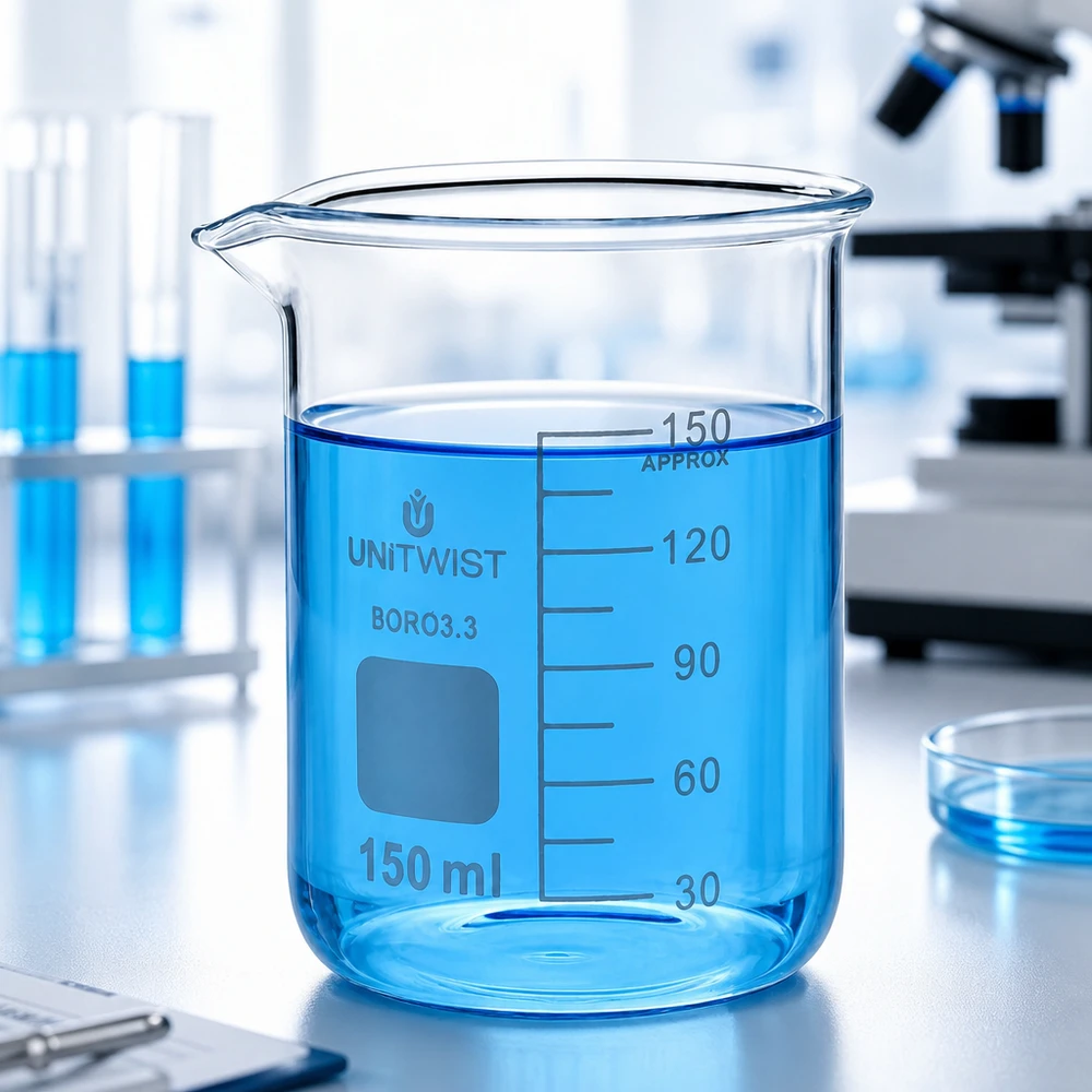 Copo 150 ml de borossilicato, baixo teor de bolor UNiTWIST Copo de vidro UNiTwist de 150 ml, borossilicato 3.3, de formato baixo, com líquido azul no laboratório