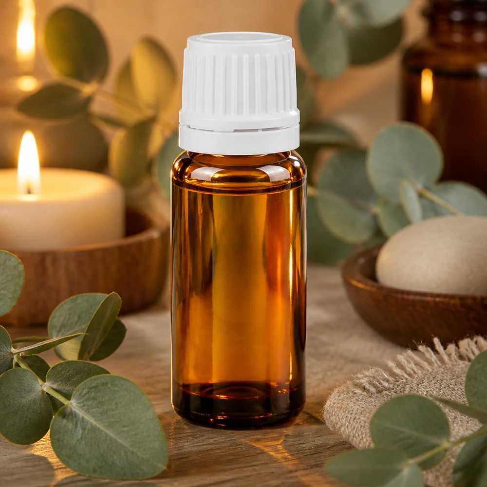 Pequeno frasco de vidro castanho de 10 ml com tampa de segurança branca para óleos essenciais