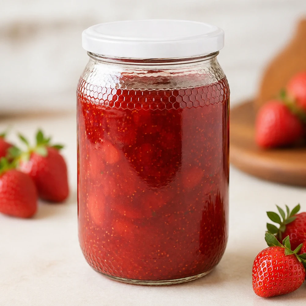 Frasco de mel de 900 ml cheio de compota de morango demonstra a adequação para compotas Tampa BasicSeal UNiTWIST
