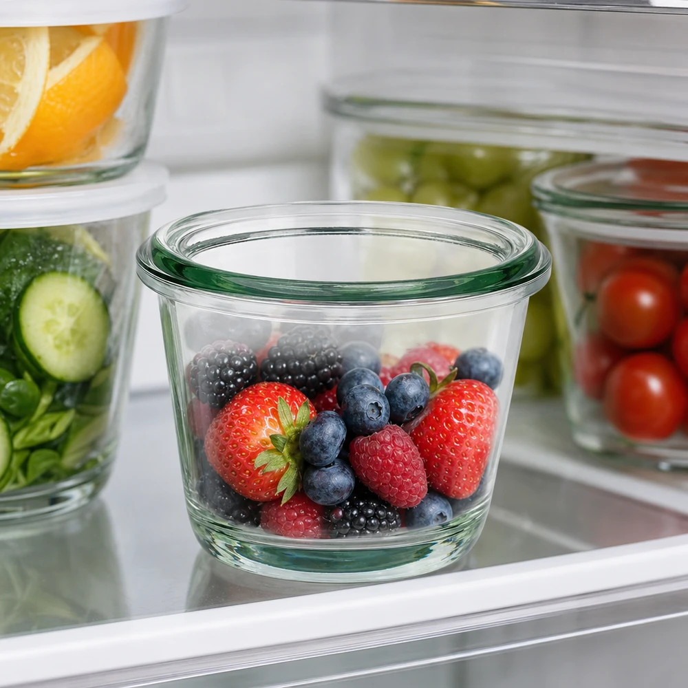 Frasco gourmet WECK RR60 de 80 ml com bagas frescas no frigorífico ao lado de outros recipientes de vidro para guardar alimentos