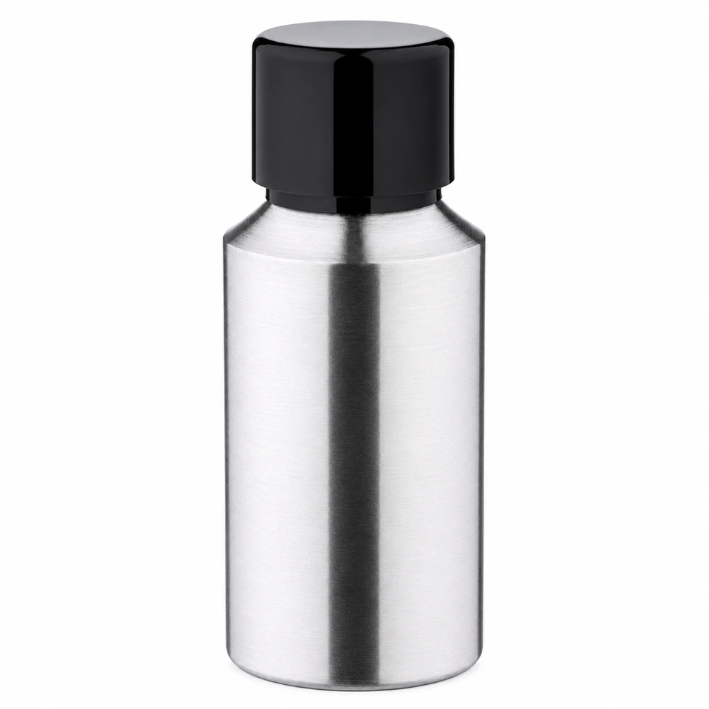 Frasco de alumínio de 30 ml com tampa de rosca em alumínio escovado preto para cosméticos e óleos