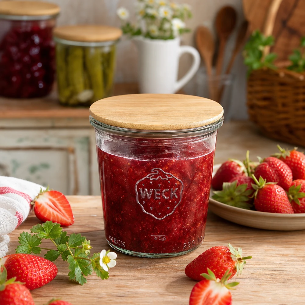 Frasco de conserva WECK de 290 ml com tampa de bambu cheio de compota de morango rodeado de morangos frescos numa mesa de madeira